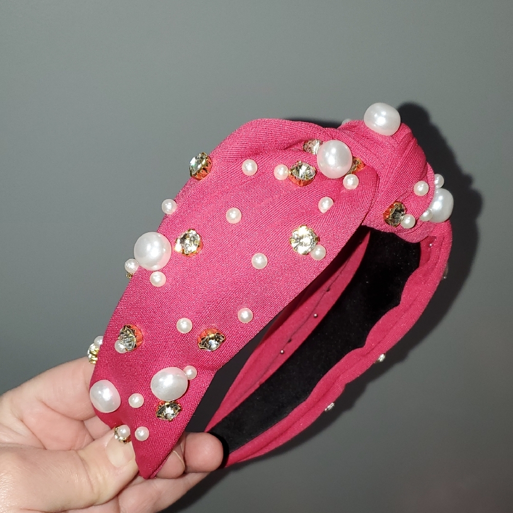 New handmade boutique rhinestone pearl top knot flexible wide headband pink